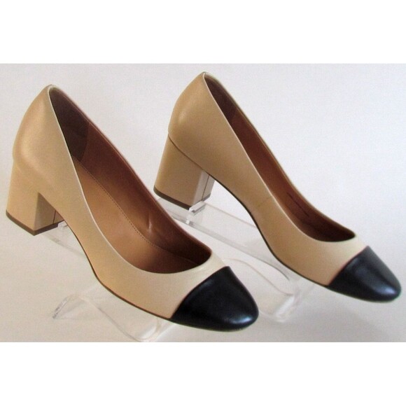 DESIGNER J. CREW BEIGE/BLACK TWO -TONE ROUND TOE 2.25" BLOCK HEEL SIZE 8.5 M - Picture 5 of 15